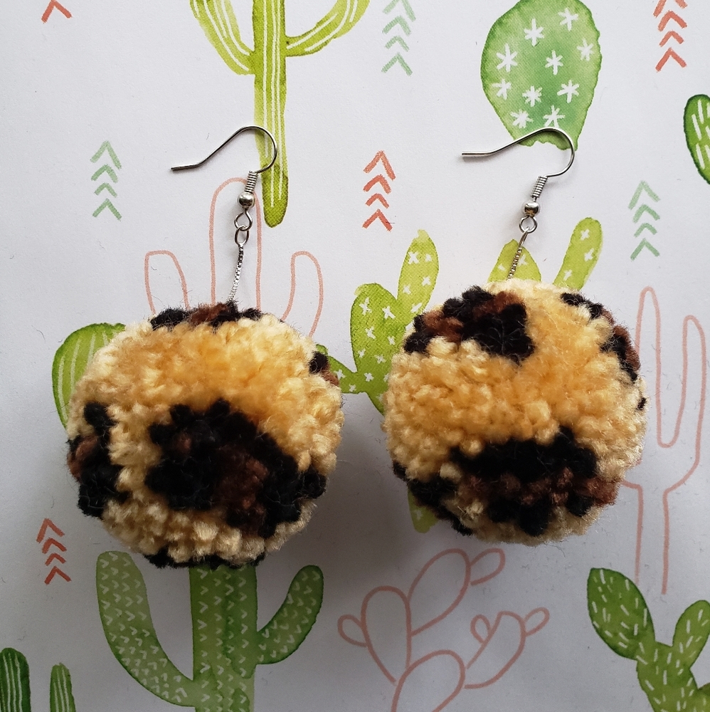 Leopard Print Small Pom Pom Earrings